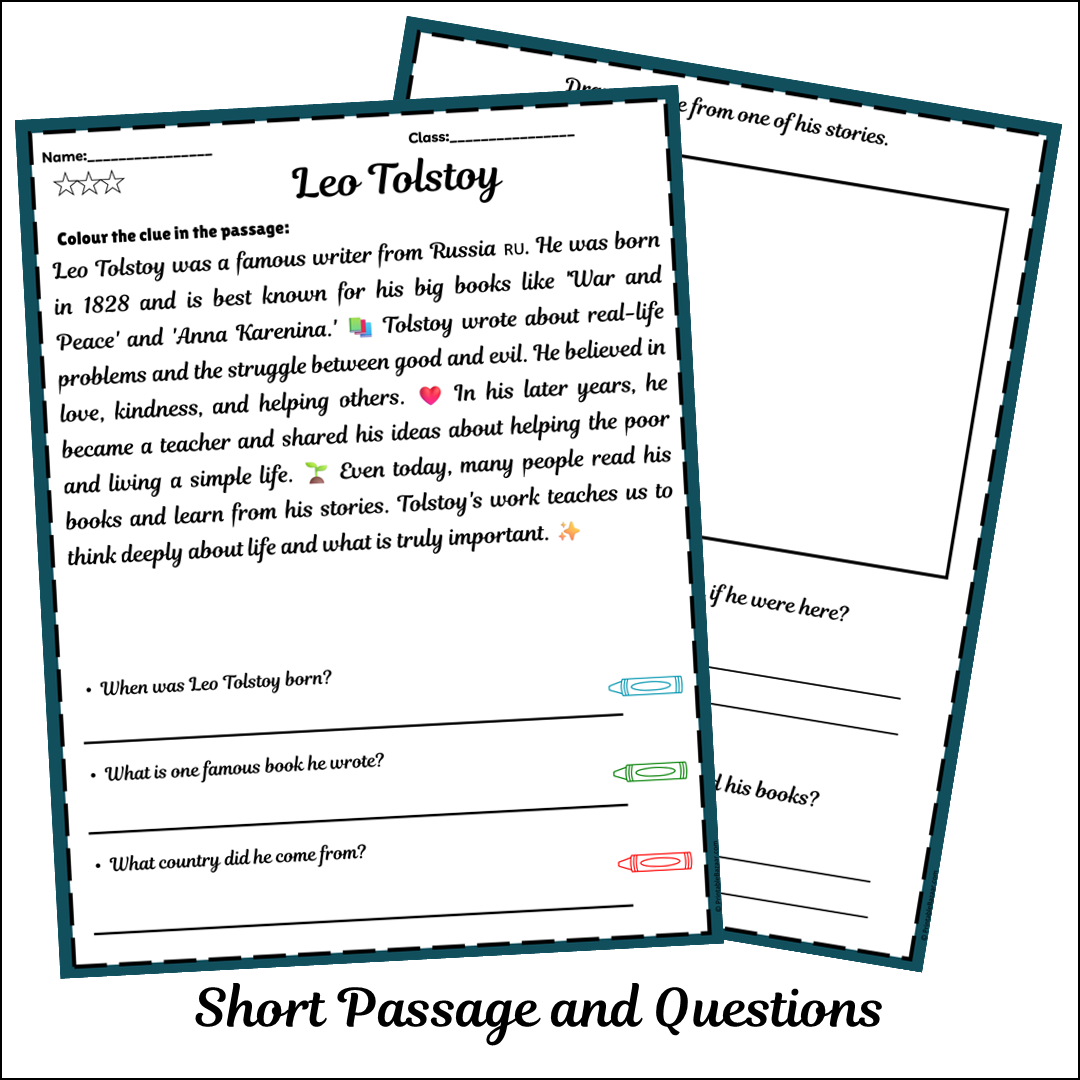 Leo Tolstoy | Short Reading Comprehension Creative Worksheet