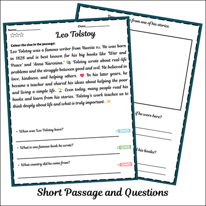 Leo Tolstoy | Short Reading Comprehension Creative Worksheet