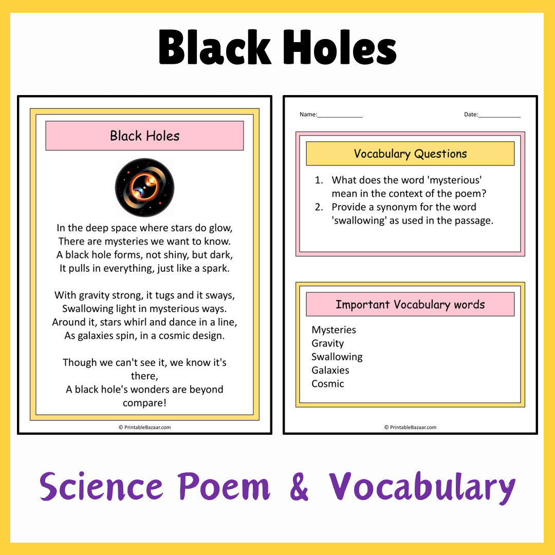 Black Holes | Science Poem Reading Comprehension Activity