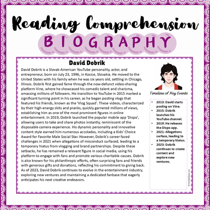 David Dobrik | Biography Reading Comprehension and Questions Worksheet