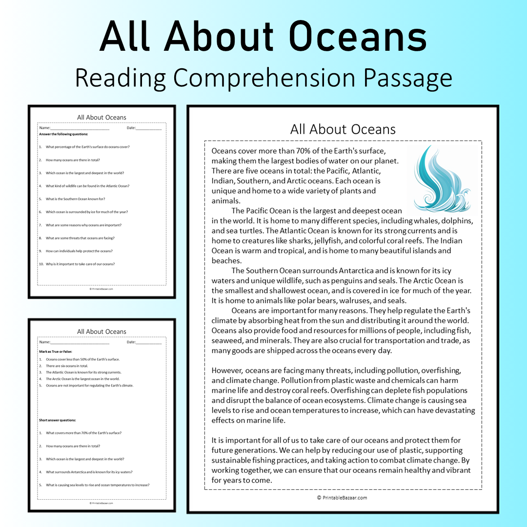 All About Oceans | Reading Comprehension Passage Printable Worksheet