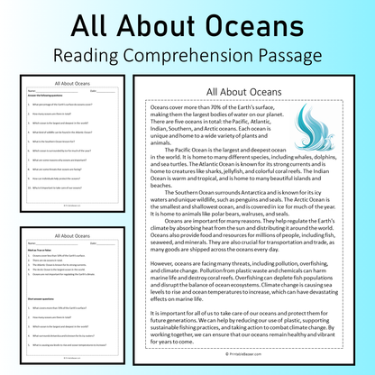 All About Oceans | Reading Comprehension Passage Printable Worksheet