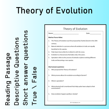 Theory of Evolution | Reading Comprehension Passage Printable Worksheet