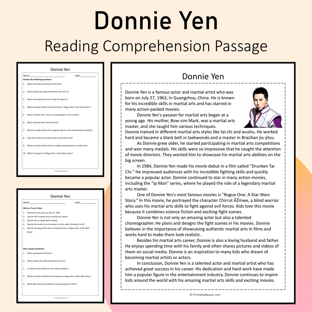 Donnie Yen | Reading Comprehension Passage Printable Activity