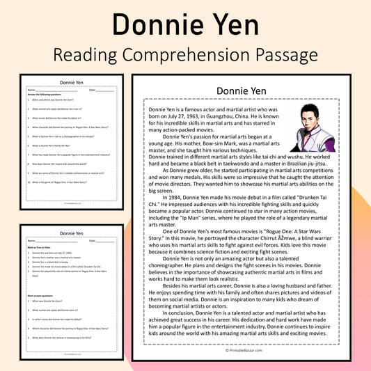 Donnie Yen | Reading Comprehension Passage Printable Activity