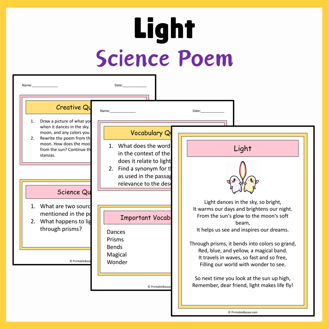 Light | Science Poem Reading Comprehension Activity