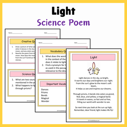 Light | Science Poem Reading Comprehension Activity