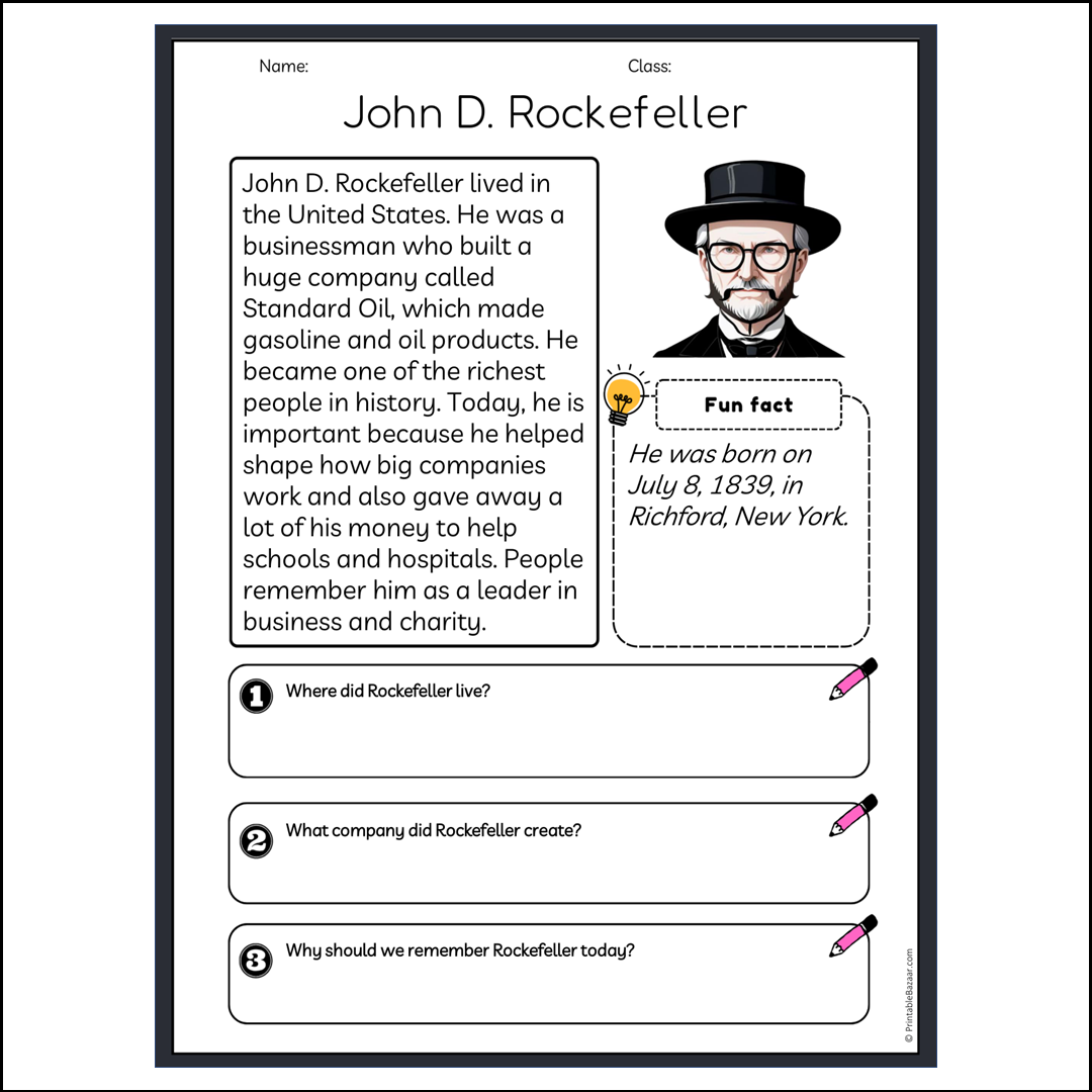 John D. Rockefeller | Reading Passage Comprehension Questions Writing Facts Worksheet