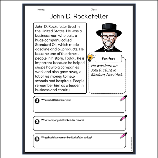 John D. Rockefeller | Reading Passage Comprehension Questions Writing Facts Worksheet