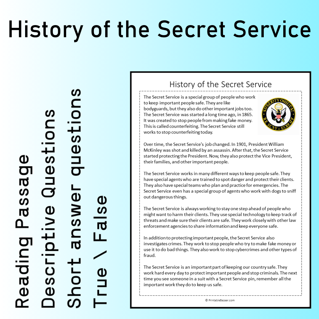 History of the Secret Service | Reading Comprehension Passage Printable Worksheet