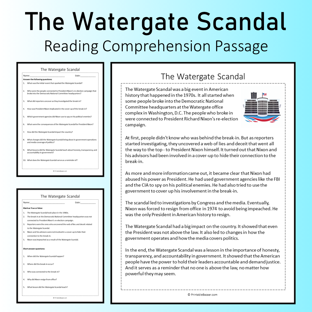 The Watergate Scandal | Reading Comprehension Passage Printable Worksheet