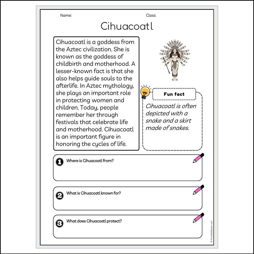 Cihuacoatl | Reading Passage Comprehension Questions Writing Facts Worksheet