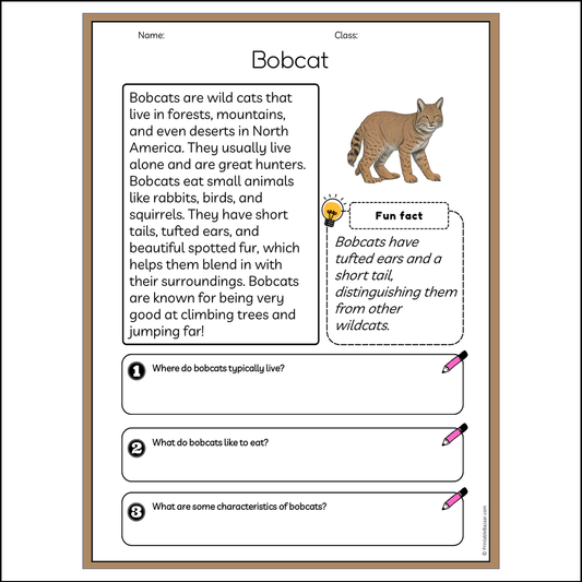 Bobcat | Reading Passage Comprehension Questions Writing Facts Worksheet