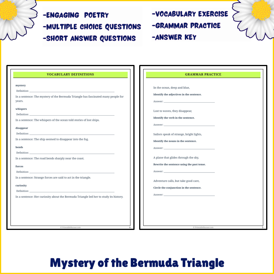 Mystery of the Bermuda Triangle | Poem Grammar Worksheet Printable Activity