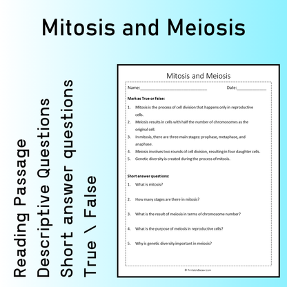 Mitosis and Meiosis | Reading Comprehension Passage Printable Worksheet