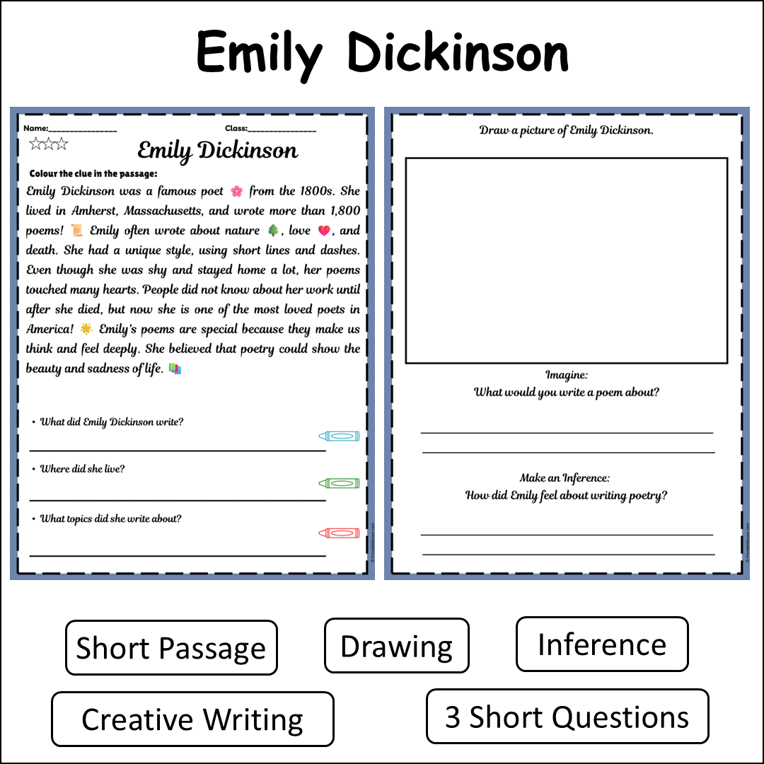 Emily Dickinson | Short Reading Comprehension Creative Worksheet