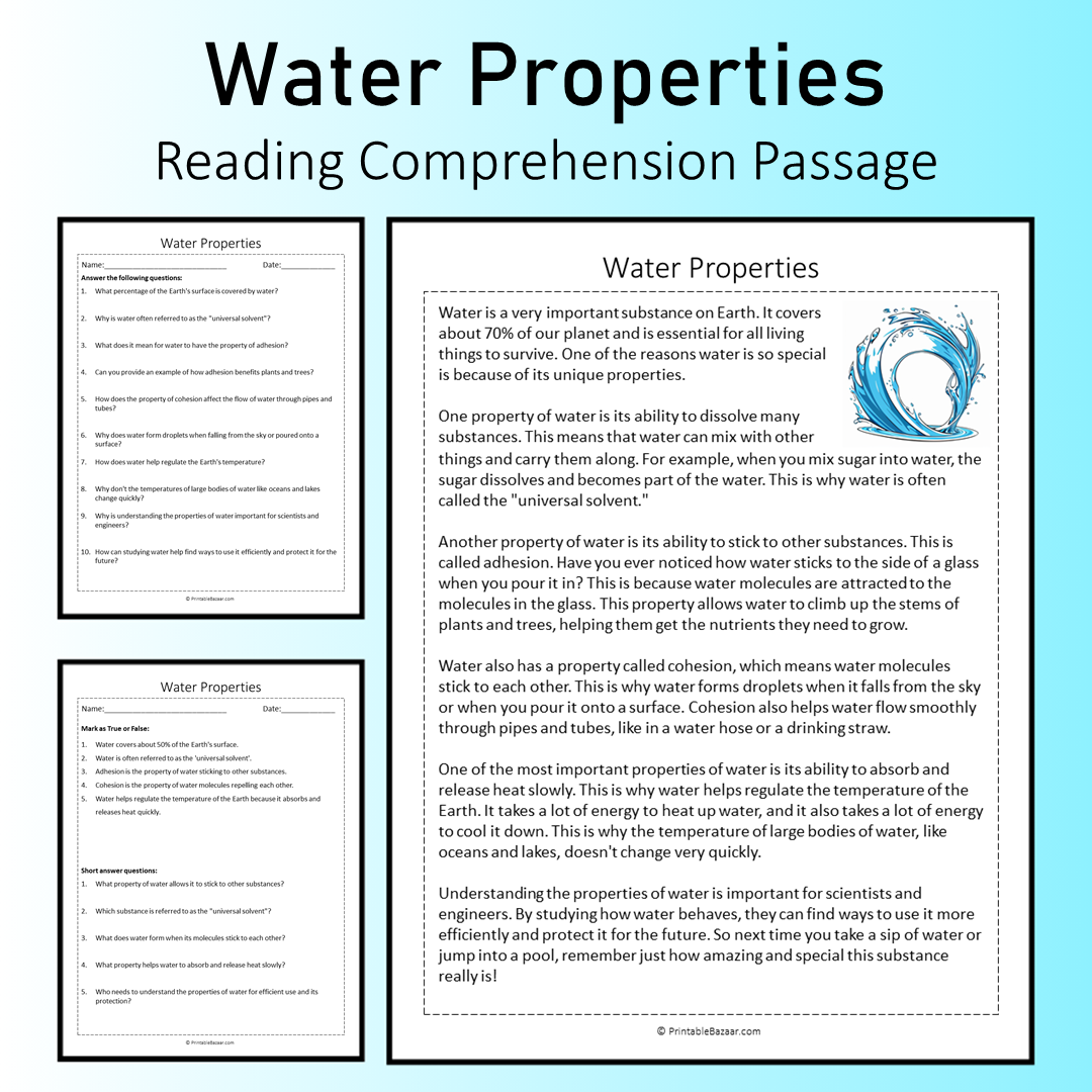 Water Properties | Reading Comprehension Passage Printable Worksheet