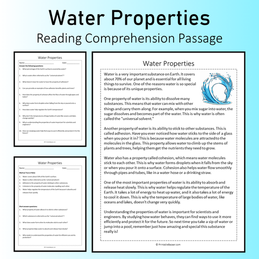 Water Properties | Reading Comprehension Passage Printable Worksheet