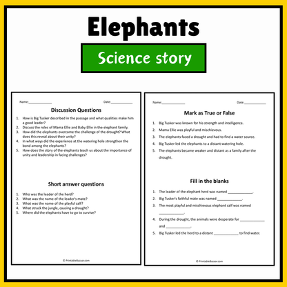 Elephants | Science Story Reading Comprehension Activity