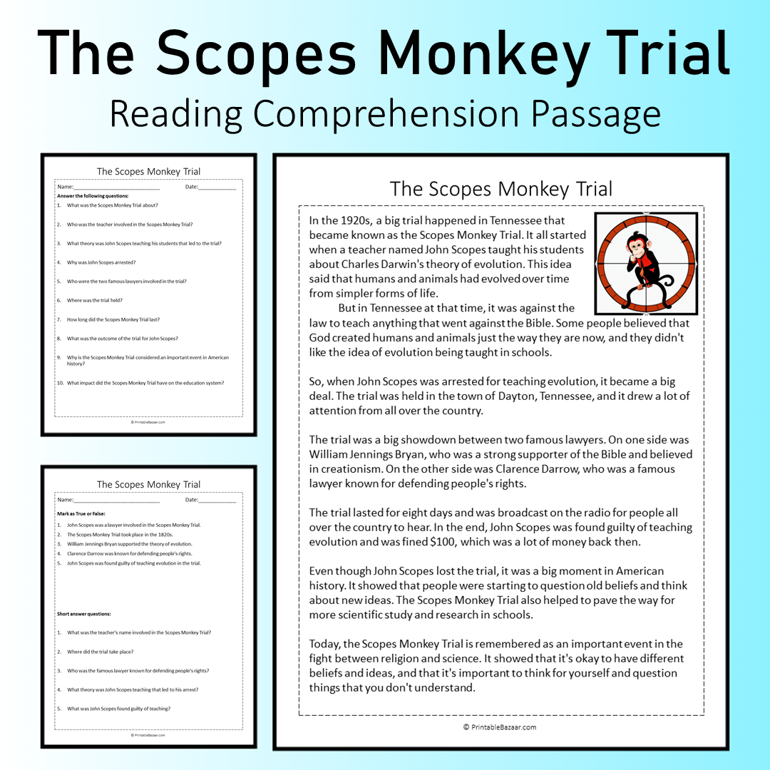 The Scopes Monkey Trial | Reading Comprehension Passage Printable Worksheet