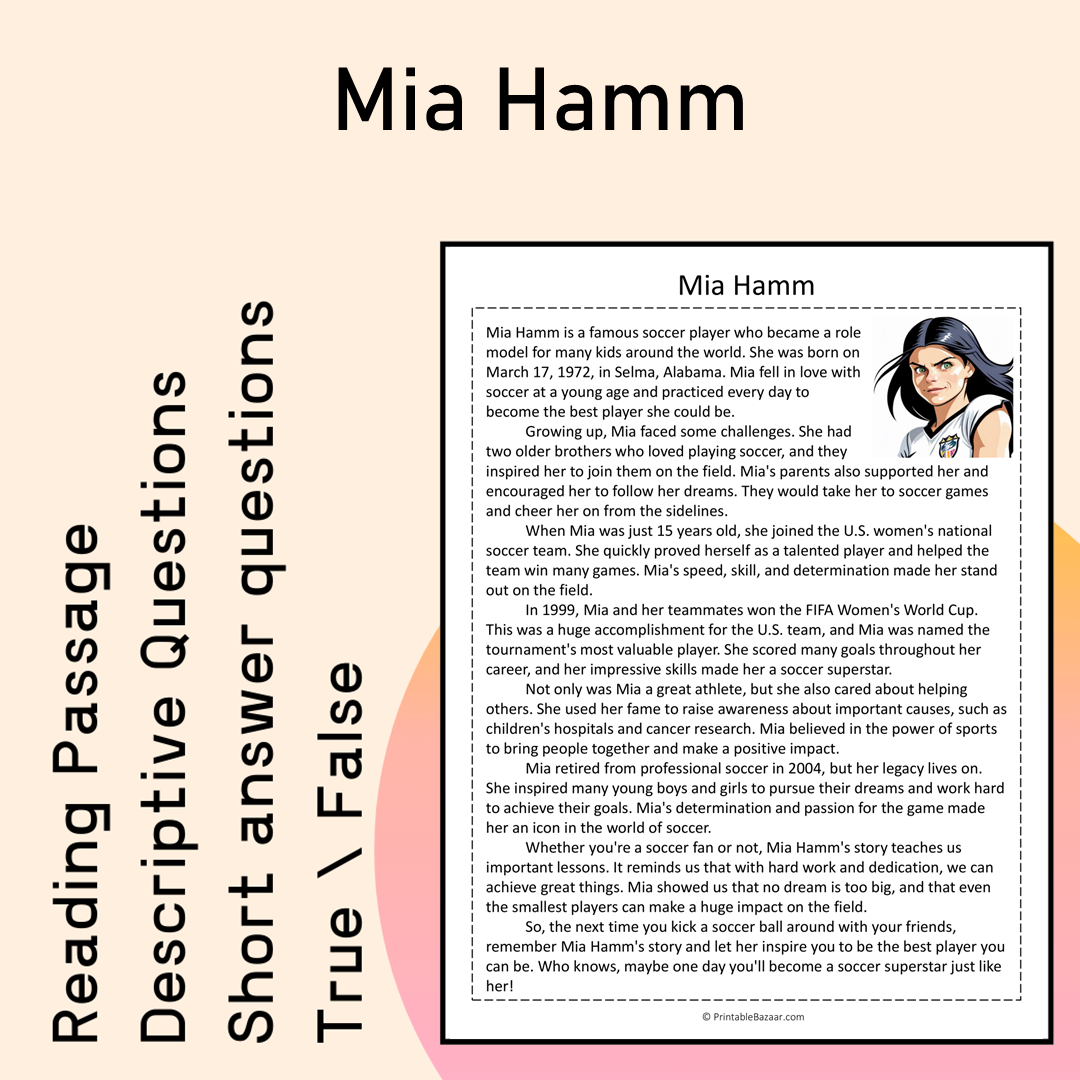 Mia Hamm | Reading Comprehension Passage Printable Activity