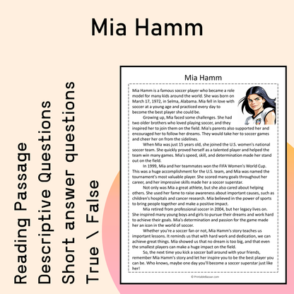 Mia Hamm | Reading Comprehension Passage Printable Activity