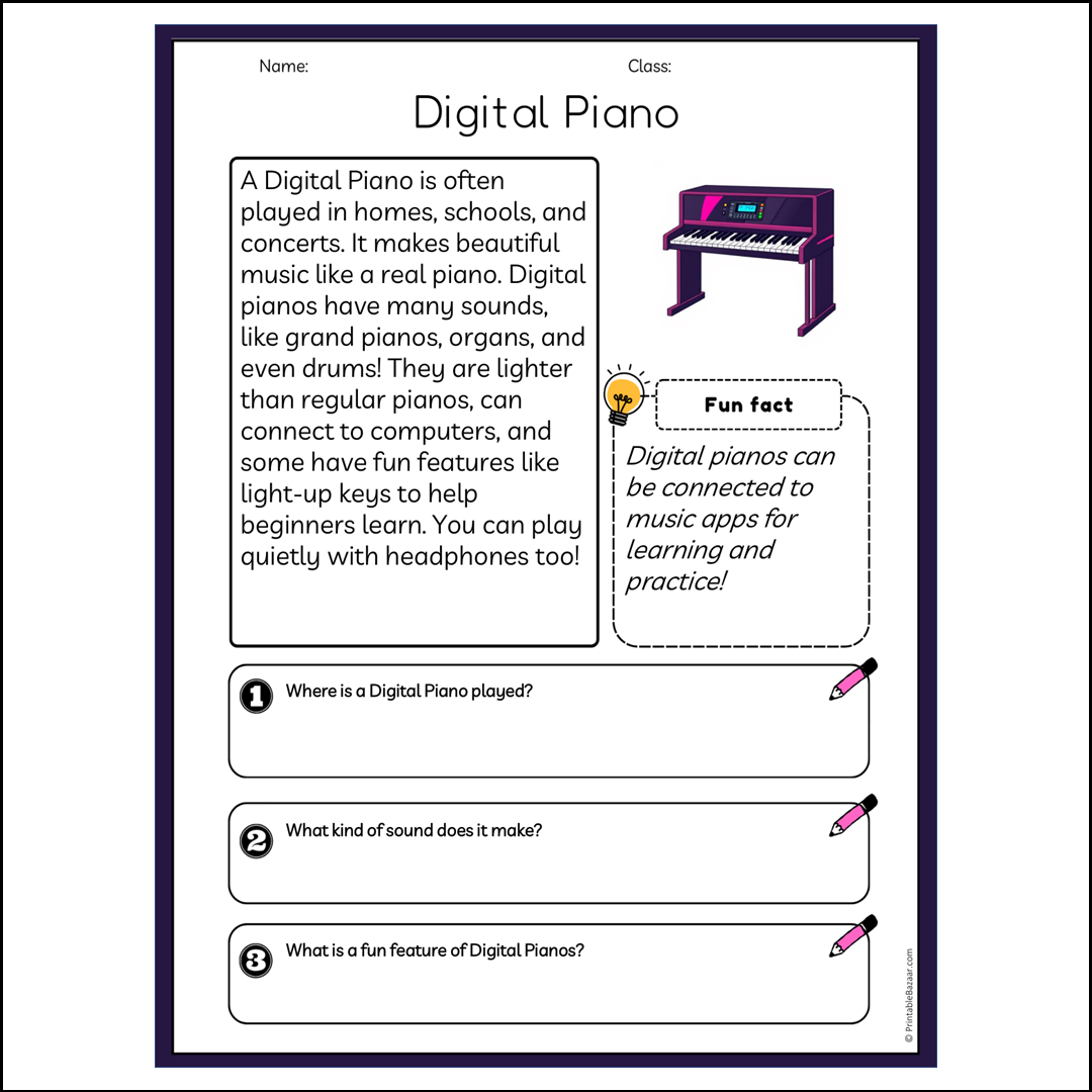 Digital Piano | Reading Passage Comprehension Questions Writing Facts Worksheet