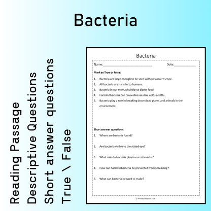 Bacteria | Reading Comprehension Passage Printable Worksheet