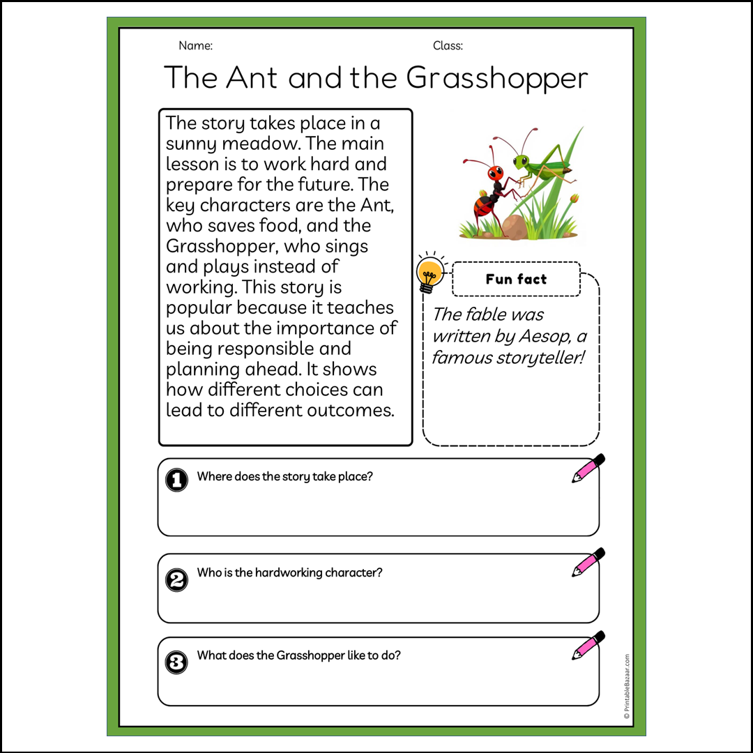 The Ant and the Grasshopper | Reading Passage Comprehension Questions Writing Facts Worksheet