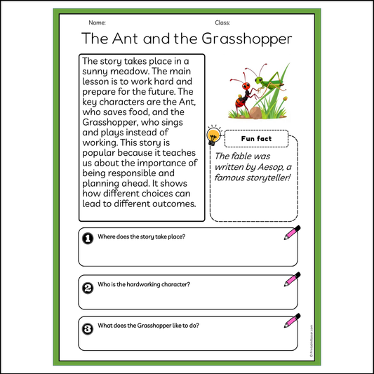 The Ant and the Grasshopper | Reading Passage Comprehension Questions Writing Facts Worksheet