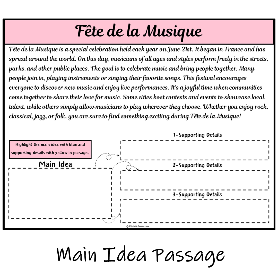 Fête de la Musique | Main Idea and Supporting Details Reading Passage and Questions