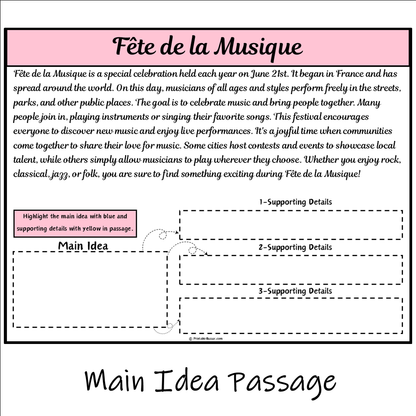 Fête de la Musique | Main Idea and Supporting Details Reading Passage and Questions