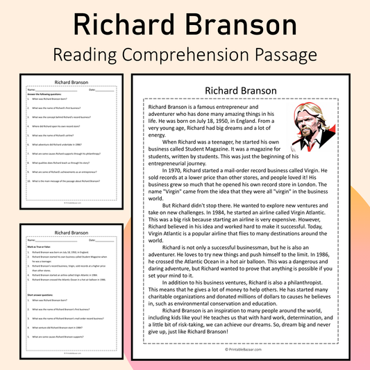 Richard Branson | Reading Comprehension Passage Printable Activity