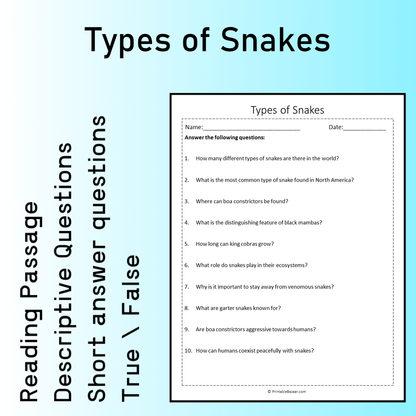 Types of Snakes | Reading Comprehension Passage Printable Worksheet