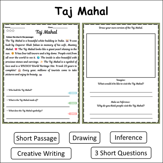 Taj Mahal | Short Reading Comprehension Creative Worksheet