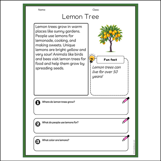 Lemon Tree | Reading Passage Comprehension Questions Writing Facts Worksheet