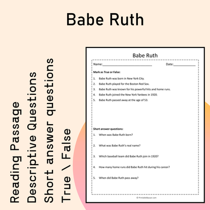 Babe Ruth | Reading Comprehension Passage Printable Activity