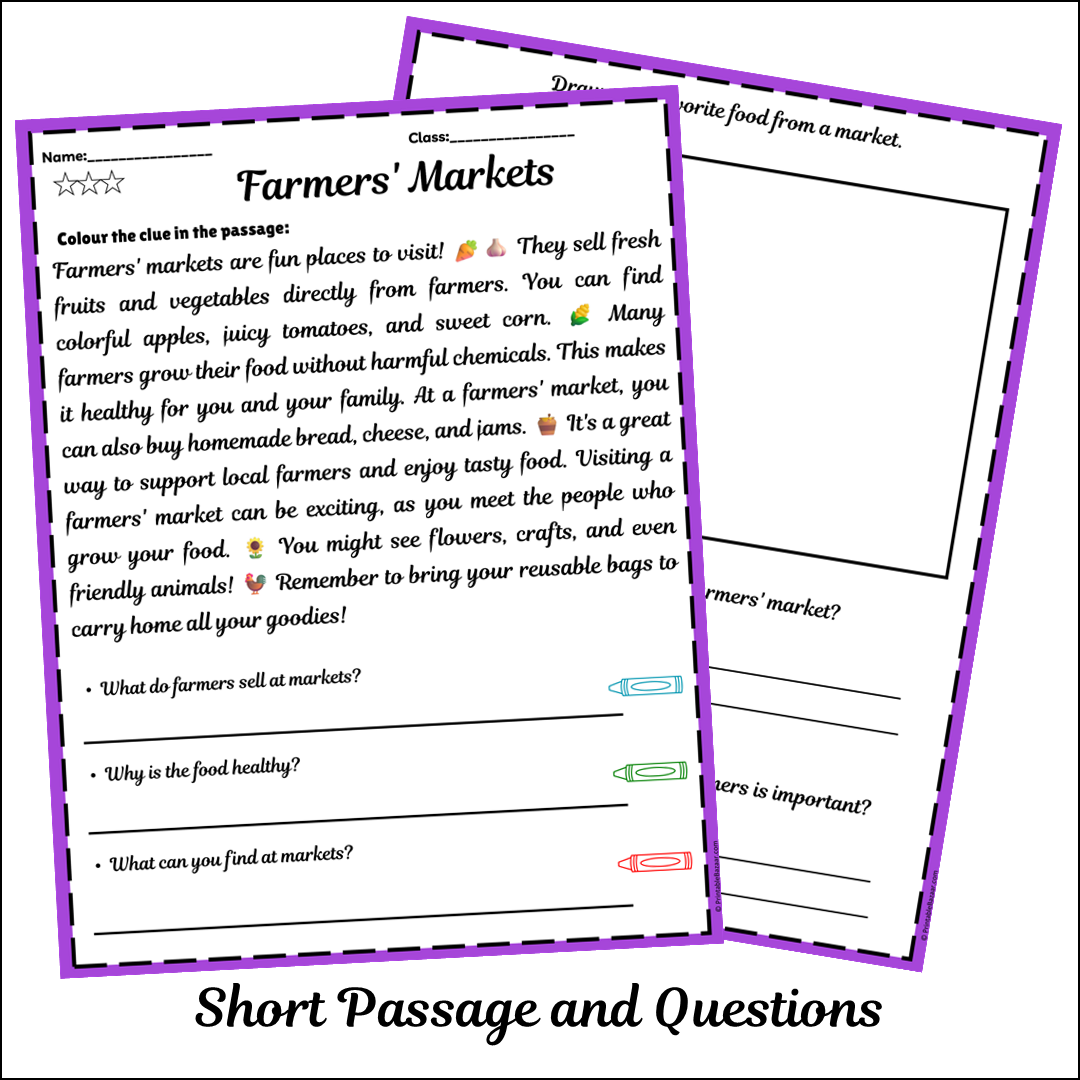 Farmers' Markets | Short Reading Comprehension Creative Worksheet