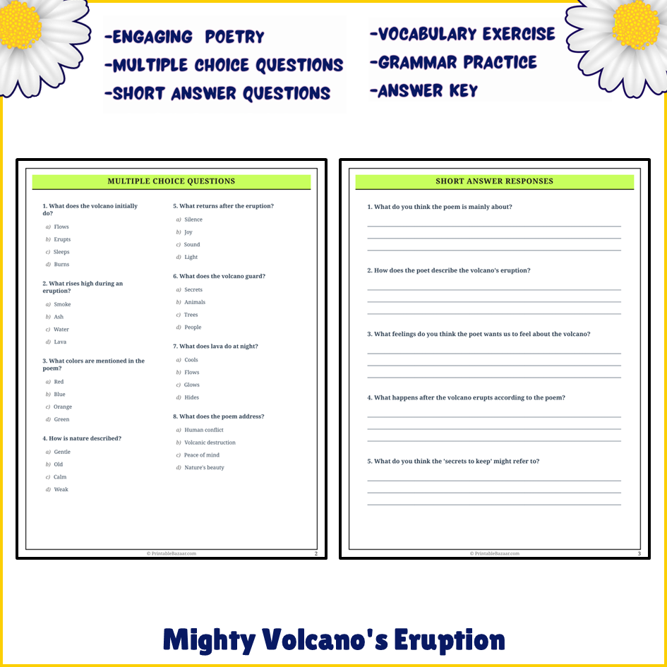 Mighty Volcano's Eruption | Poem Grammar Worksheet Printable Activity