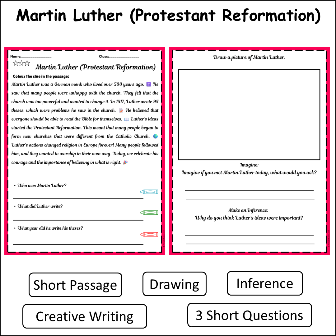 Martin Luther (Protestant Reformation) | Short Reading Comprehension Creative Worksheet