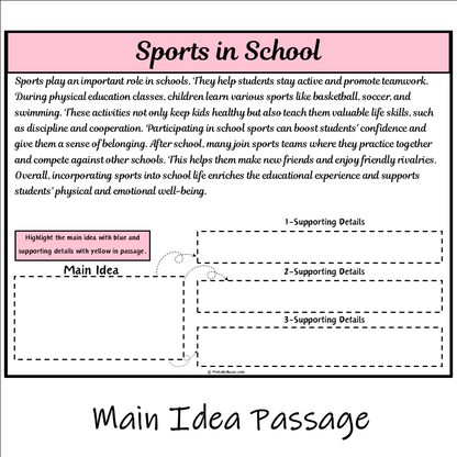 Sports in School | Main Idea and Supporting Details Reading Passage and Questions