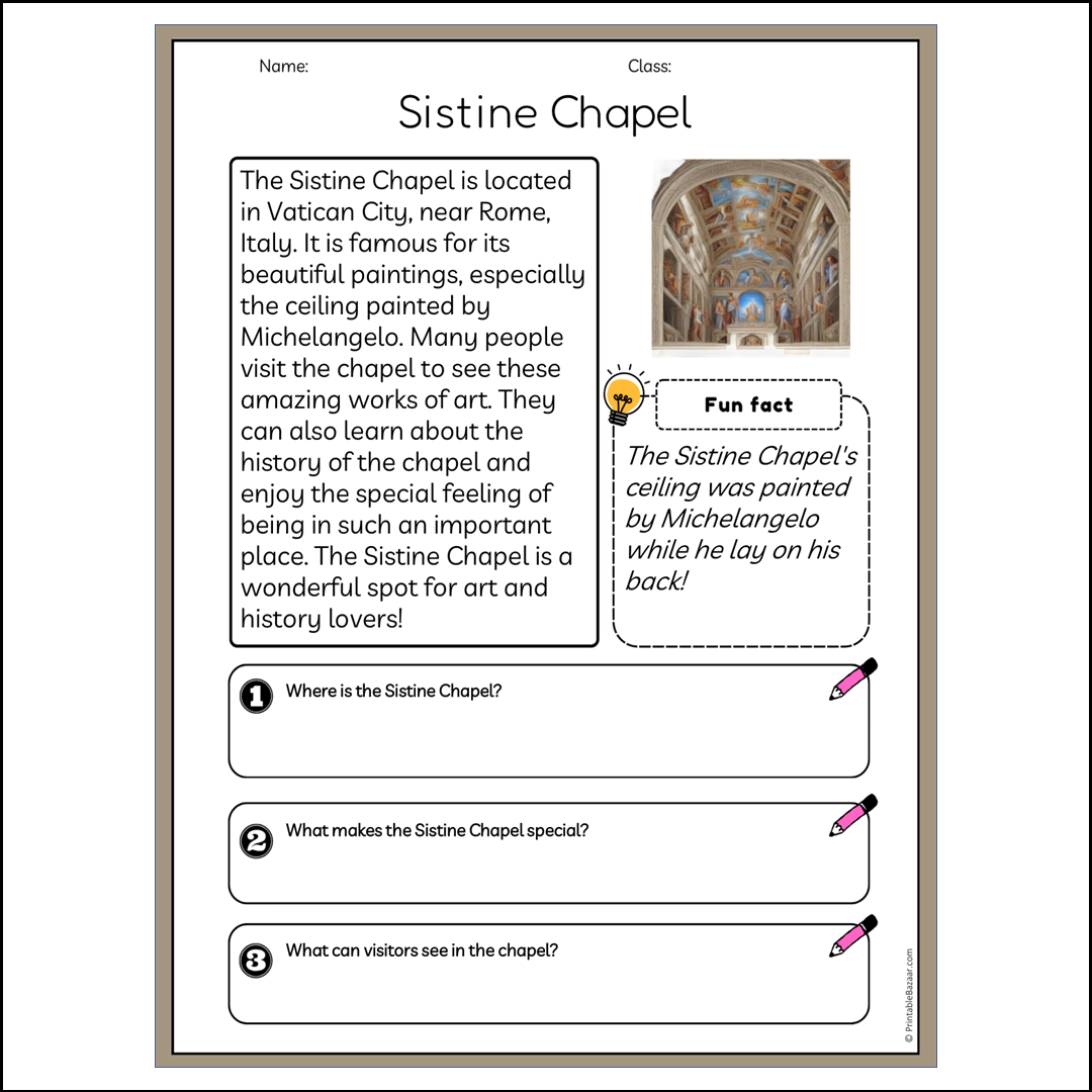 Sistine Chapel | Reading Passage Comprehension Questions Writing Facts Worksheet