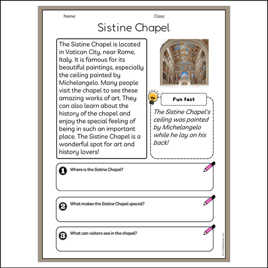 Sistine Chapel | Reading Passage Comprehension Questions Writing Facts Worksheet