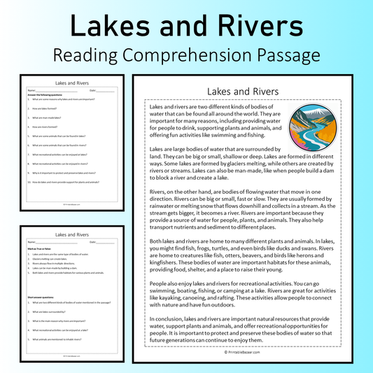 Lakes and Rivers | Reading Comprehension Passage Printable Worksheet