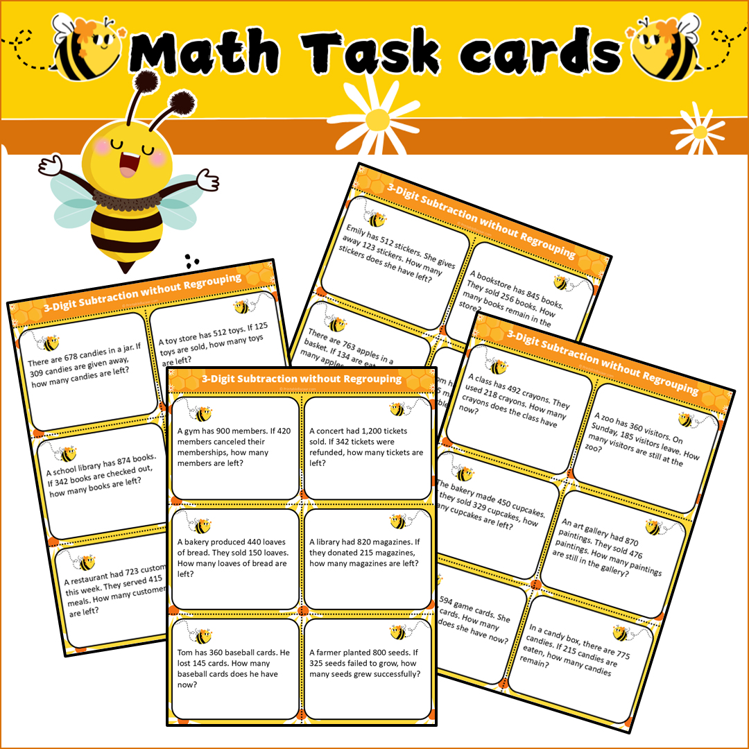 3-Digit Subtraction without Regrouping | Math Task Cards