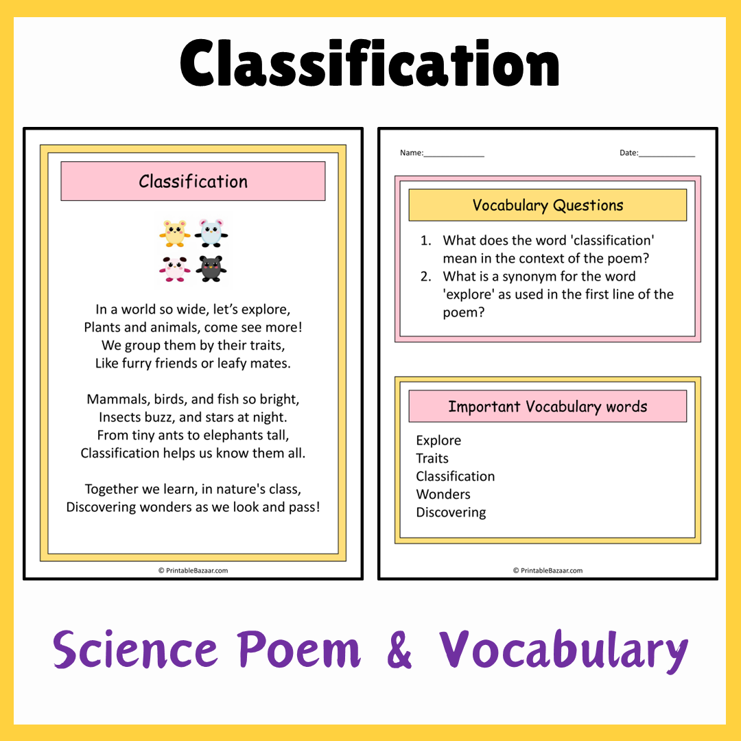 Classification | Science Poem Reading Comprehension Activity