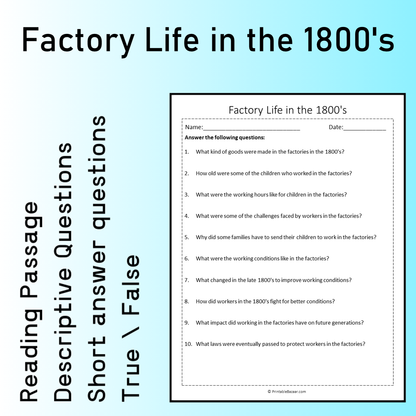 Factory Life in the 1800's | Reading Comprehension Passage Printable Worksheet