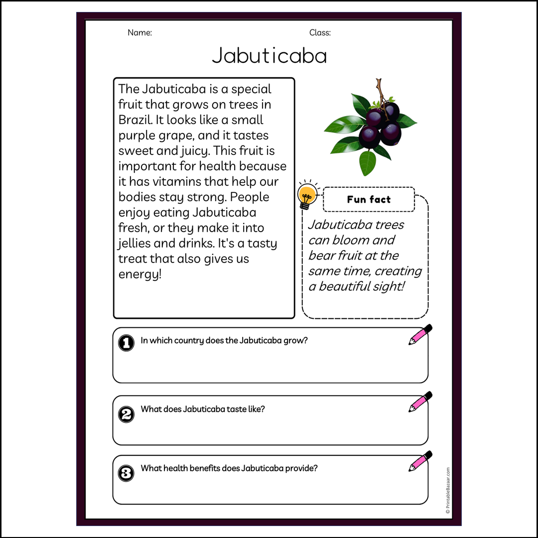 Jabuticaba | Reading Passage Comprehension Questions Writing Facts Worksheet