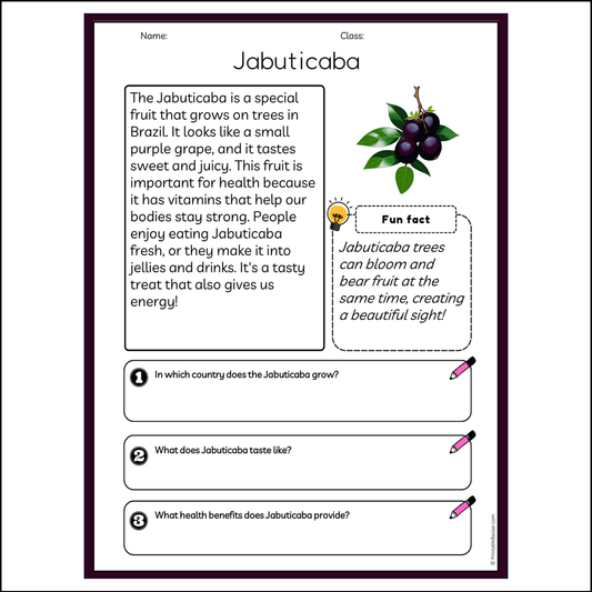 Jabuticaba | Reading Passage Comprehension Questions Writing Facts Worksheet