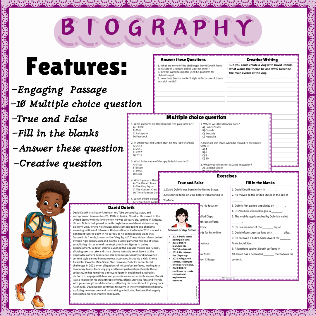 David Dobrik | Biography Reading Comprehension and Questions Worksheet